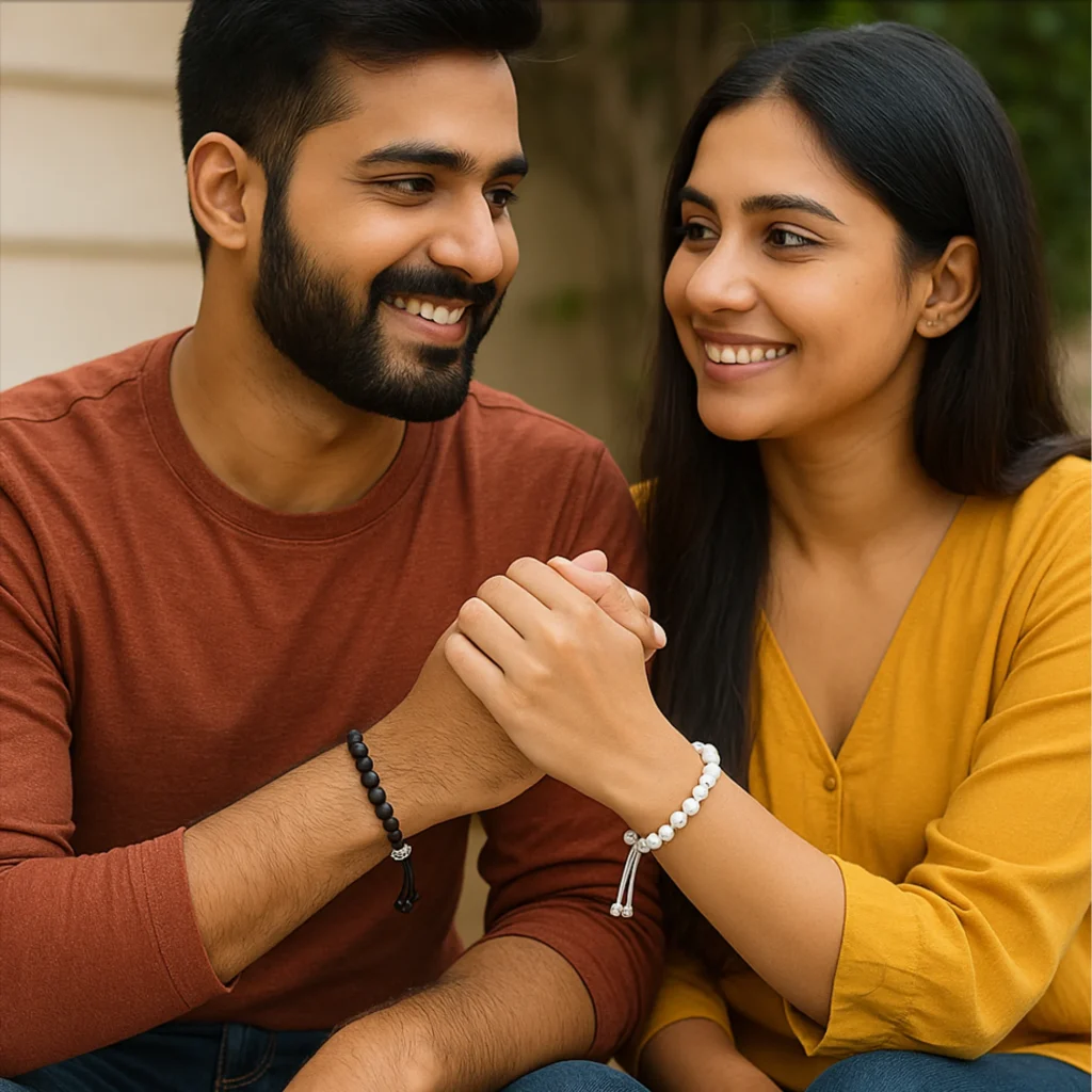 couple bracelet of stone with heart connector four