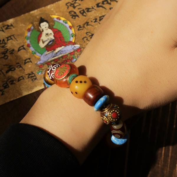 Traditional mala prayer bead bracelet worn on wrist — spiritual bracelet gift idea for girlfriend