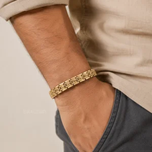 Bracero Signature Dual-Track Magnetic Bracelet Worn on Wrist — Gold Herringbone Link for Men
