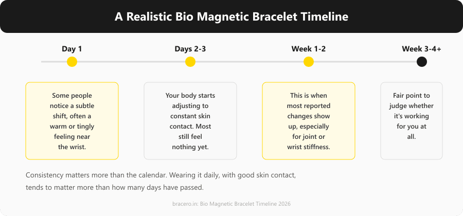 Day-by-day breakdown of when bio magnetic bracelet results typically show up